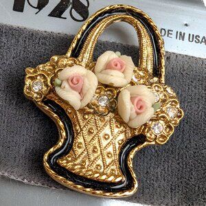 Vintage 1980s 1928 Jewelry Co Black Enamel Porcelain Rose Basket Brooch Pin